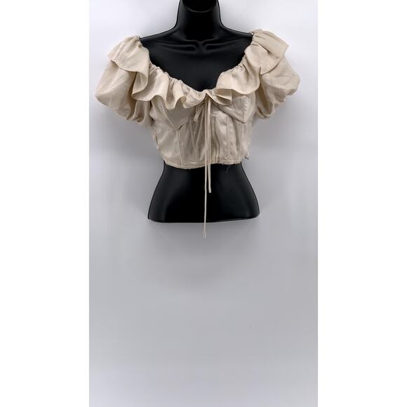ASTR The Label Tops - ASTR THE LABEL Women's Beige Satin Ruffle Crop Top SZ S